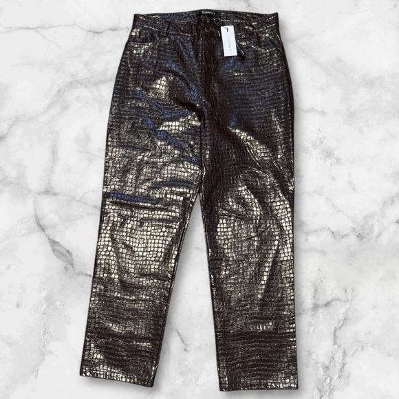 🆕Dark Brown Straight Leg Faux Leather Pants with Crocodile Finish - Picture 7 of 14